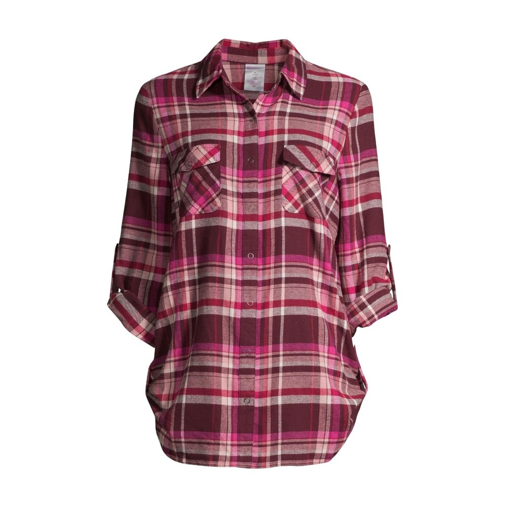 NWT S women's cotton plaid button up long sleeve shirt pink